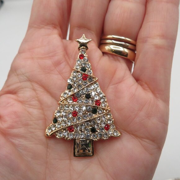 Rhinestone Christmas Tree Gold Tone Brooch - Picture 2 of 7